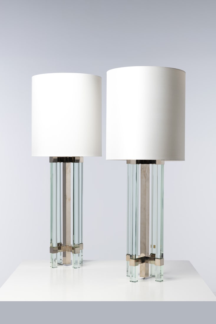 x Max Ingrand (1908-1969) Pair of table lamps - Model 2577 Glass, nickel brass and fabric Edited by (1 of 1)