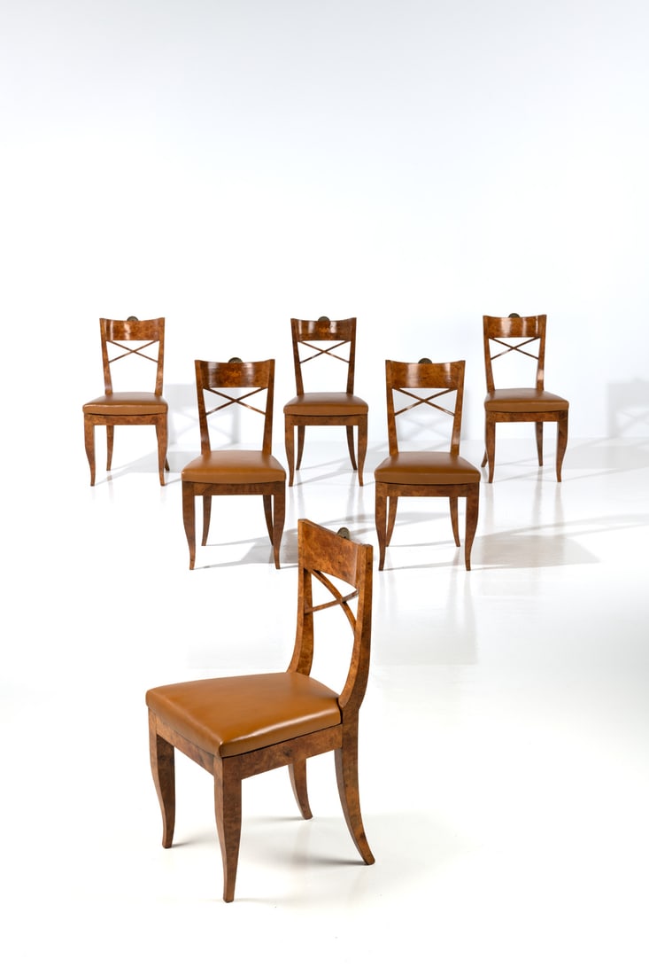 Gio Ponti (1891-1979) Set of six chairs: Gio Ponti (1891-1979)Set of six chairsWood, radica veneer, leather and bronzeModel created circa 1929H 91 × L 47 × 47 cmProvenance: Casa Vimercati, MilanExpertise conducted by the Gio Ponti