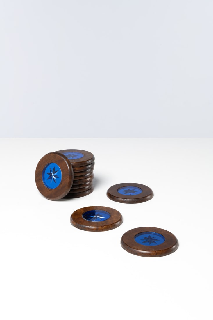 Fontana Arte (Edited by, 20th c.) Set of twelve coasters: Fontana Arte (Edited by, 20th c.)Set of twelve coastersStained walnut and stained mirror glassSome stamped with 'FX'Model created in the 1940sH 1 ×Ø9cm