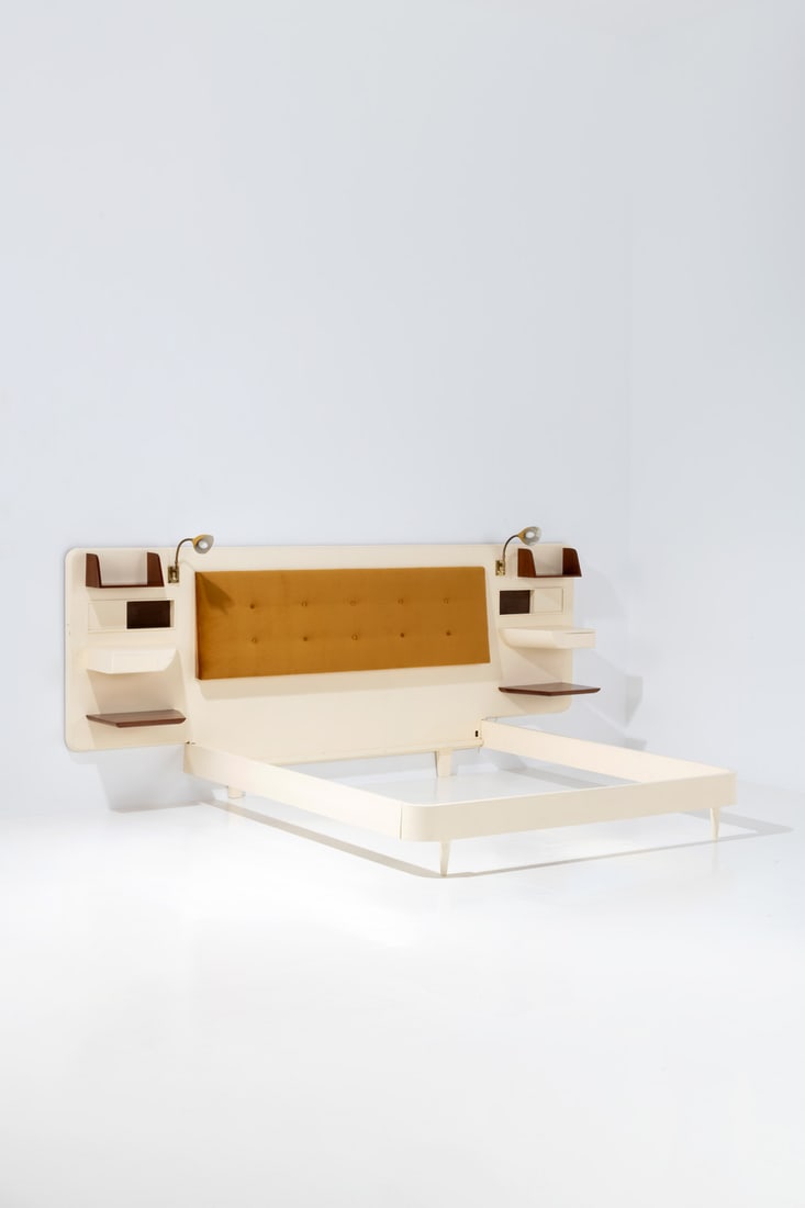 Gio Ponti (1891-1979) Bed: Gio Ponti (1891-1979)BedWalnut, melamine, fabric and brassArredoluce Monza labelModel created in the 1950sH 120 × L 295 × W 200 cmExpertise conducted by the Gio Ponti Archives