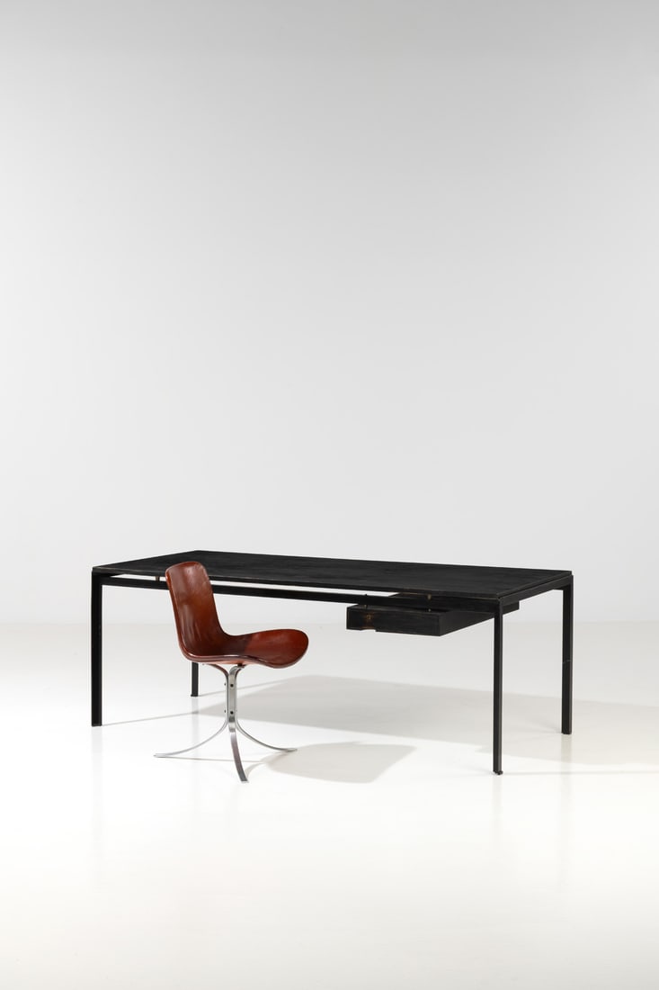Poul Kjaerholm (1929-1980) Desk and its chair - Models 'PK 52', 'Academy desk': Poul Kjaerholm (1929-1980)Desk and its chair - Models 'PK 52', 'Academy desk'and 'PK 9' (chair)Nickel metal, painted pine wood, steel and leatherEdited by E. Kold ChristensenModels created in