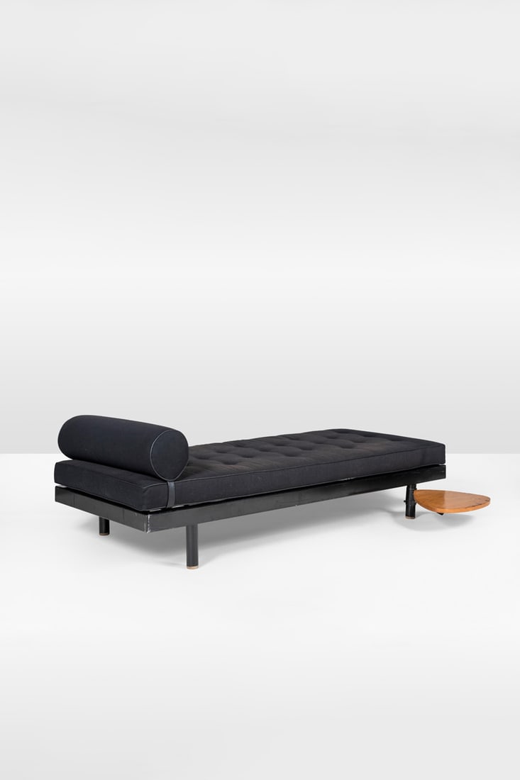 Jean Prouvé (1901-1984) & Charlotte Perriand (1903-1999): Jean Prouvé (1901-1984)& Charlotte Perriand (1903-1999)Bed with pivoting tabletModel SCAL 450, 'Antony'Black lacquered and folded steel sheet, fabric andoakEdited by Steph SimonManufactured by