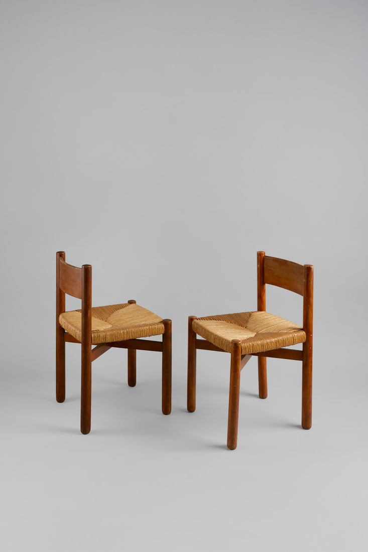 Charlotte Perriand (1903-1999) Pair of 'Méribel' chairs: Charlotte Perriand (1903-1999)Pair of 'Méribel' chairsPine and strawModel created circa 1948H 76 × L 42 × W 42 cmBibliography:- L. Rodighiero, 'Intérieurs de Chalets et de