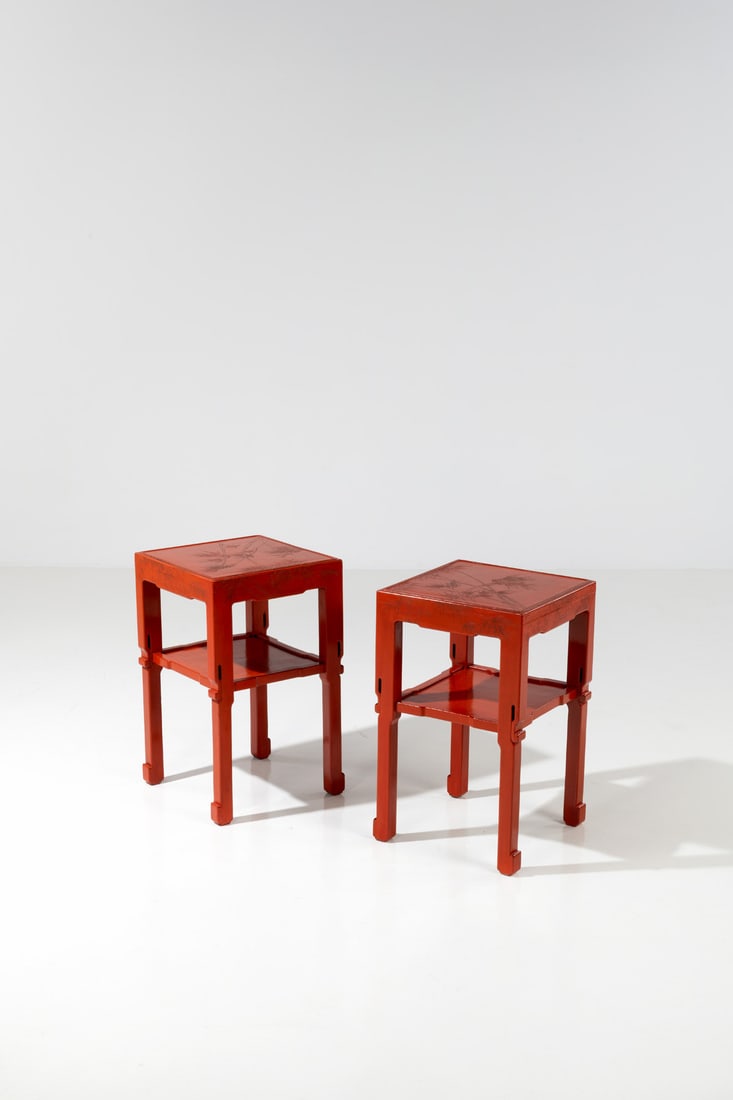 French production (20th c.), selected by Pierre Legrain (1889-1929) Pair of tall side tables: French production (20th c.), selected by Pierre Legrain (1889-1929)Pair of tall side tables Lacquered woodModel created circa 1920H 75,5 × L 46 × W 46 cmProvenance: Former Jeanne Tachard