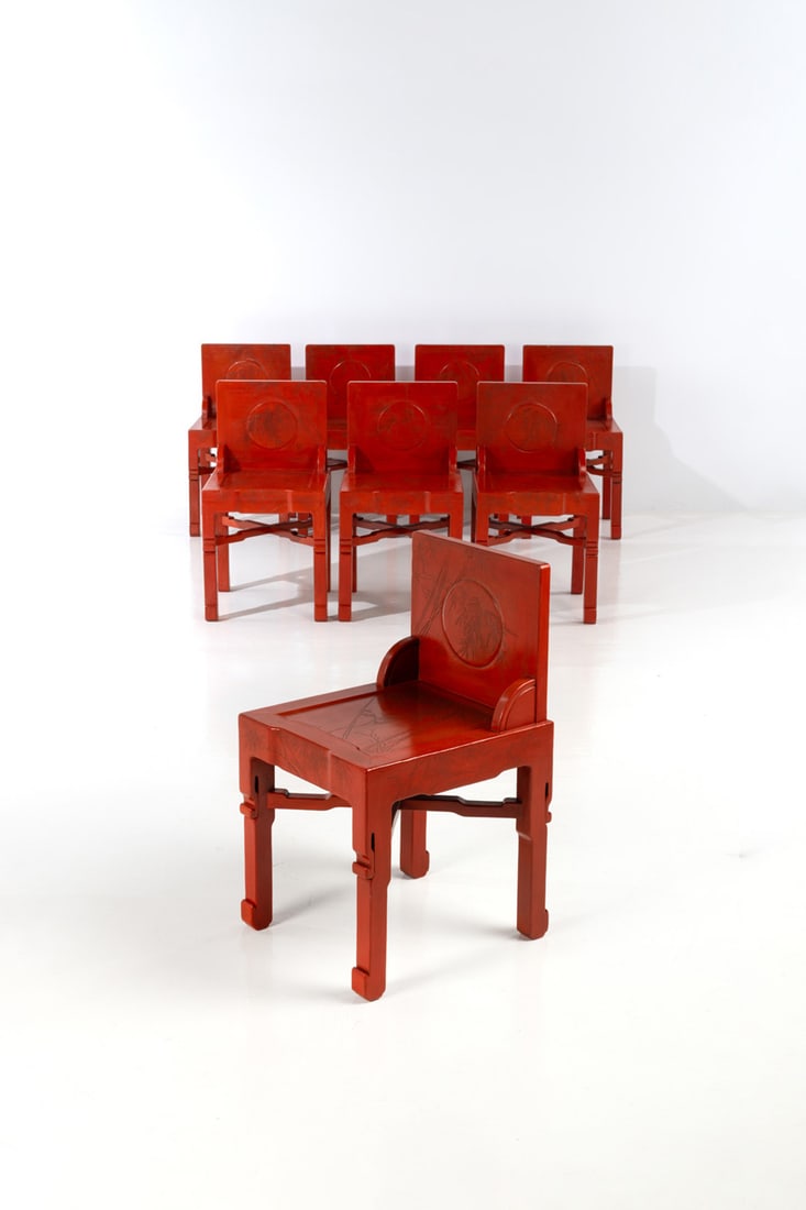 French production (20th c.), selected by Pierre Legrain (1889-1929) Set of eight chairs: French production (20th c.), selected by Pierre Legrain (1889-1929)Set of eight chairsLacquered woodModel created circa 1920H 81,5 × L 43,5 × W 49 cmProvenance: Former Jeanne Tachard