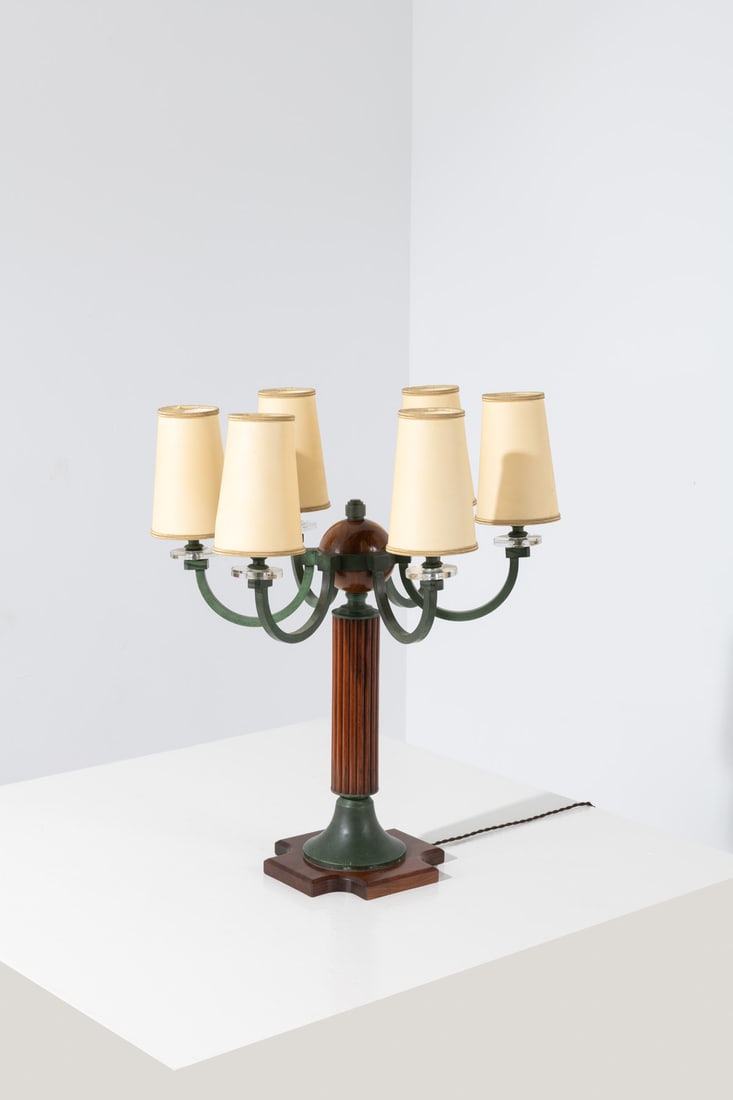 Ernest Boiceau (1881-1950) Lamp: Ernest Boiceau (1881-1950)LampRosewood, patinated bronze and fabricDebossed stamp 'E. Boiceau' and dated '12-29' beneath the baseModel created in 1929H 57,5 × Ø 45 cm