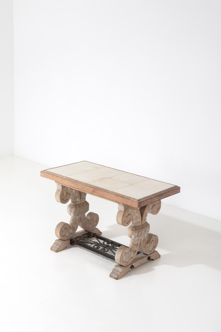 x Jean-Charles Moreux (1889-1956), attributed to Table: x Jean-Charles Moreux (1889-1956), attributed toTableOak, metal and parchmentModel created circa 1940H 55 × L 84,5 × W 43 cm