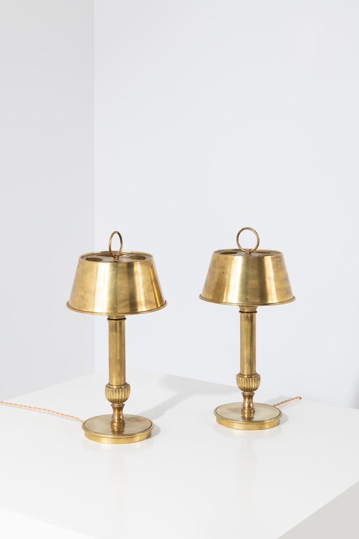 xx Gilbert Poillerat (1902-1988) Pair of lamps: xx Gilbert Poillerat (1902-1988) Pair of lamps Brass and bronze Stamped 'Poillerat'Model created circa 1945 H 43 × Ø 21 cm