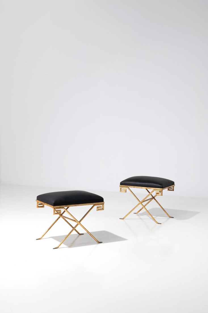 x Jean-Michel Frank (1895-1941) Pair of hassocks: x Jean-Michel Frank (1895-1941)Pair of hassocksGilded iron and leatherEdited by Comte, ArgentinaManufacturer?s plaques with serial numbers '283' and '284'Model created circa 1938H 41,5 x L 48,5 x W 38