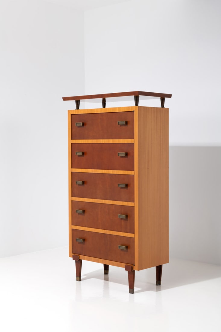 xx Jacques Quinet (1918-1992) Chiffonier: xx Jacques Quinet (1918-1992)ChiffonierMahogany, leather and bronze Model created circa 1960H 160 × L 86,5 × W 43,5 cmProvenance: Special order for a finance company,