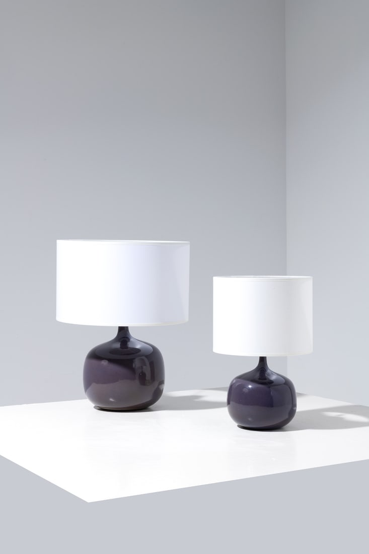xx Jacques (1926-2008) & Dani Ruelland (1933-2010) Set of two lamps: xx Jacques (1926-2008) & Dani Ruelland (1933-2010)Set of two lampsGlazed ceramic and fabricIncised signature, 'Ruelland' on the underside of eachModel created circa 1960H 20 × Ø 13,5 cmWith
