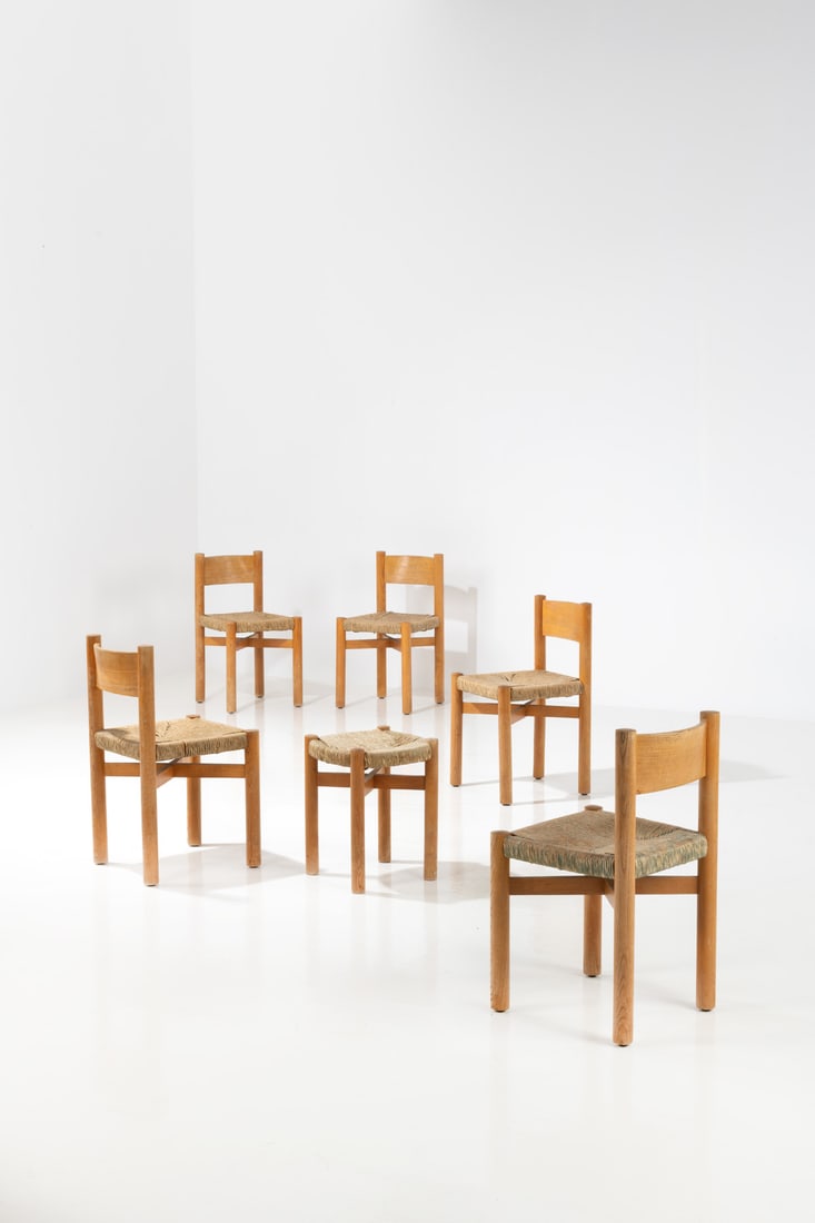Charlotte Perriand (1903-1999) Set of five 'Méribel' chairs and a stool (1 of 1)