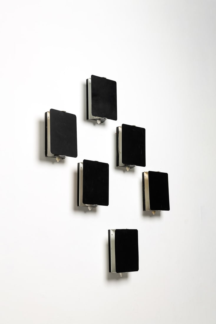 Charlotte Perriand (1903-1999) Set of six sconces, model CP1: Charlotte Perriand (1903-1999)Set of six sconces, model CP1Lacquered metalModel created in 1963H 16,5 × L 12,5 × W 7 cmBibliography: 'Charlotte Perriand, L'Œuvre complète, Volume 3