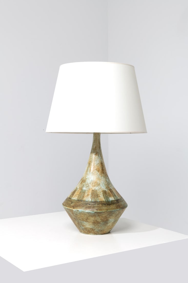 Les 2 Potiers (Michelle Bargoin, born 1936 & Jacques Serre, 1934-2016) 'Toupie' lamp: Les 2 Potiers (Michelle Bargoin, born 1936 & Jacques Serre, 1934-2016)'Toupie' lampGlazed ceramicIncised signature, '2 potiers' on the undersideModel created in 1960H 58 × Ø 30 cmWith lampsh