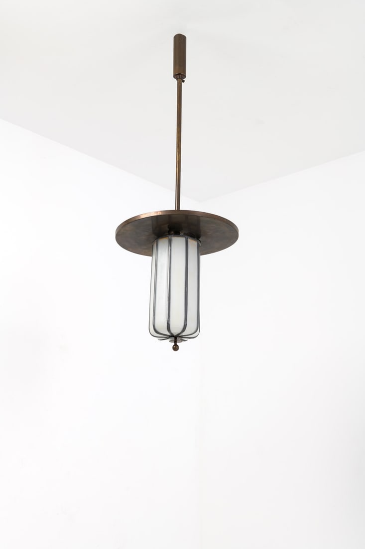 Scandinavian production (20th c.) Suspension: Scandinavian production (20th c.)SuspensionBrass, metal and glassModel created circa 1920H 88 × Ø 33 cm