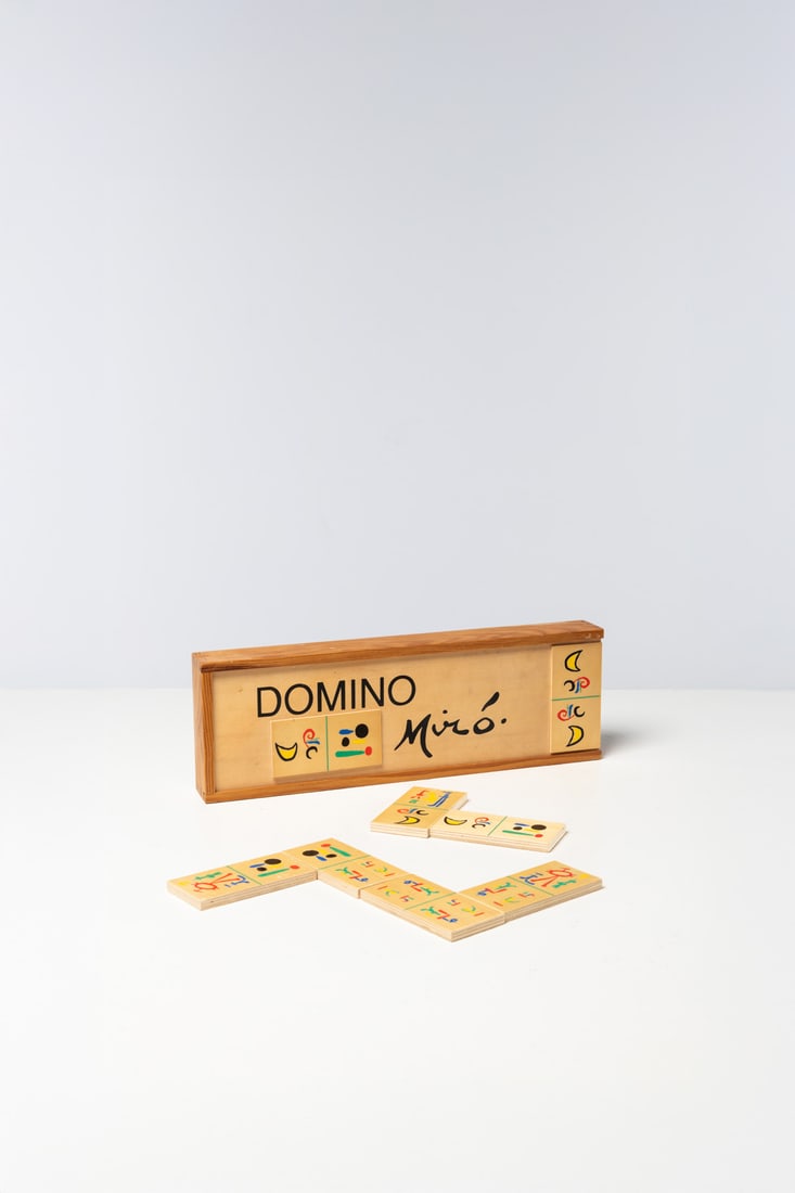 Joan Miró (1893-1983) Domino, 1958 27 illustrated dominoes and plywood Edition of 2,000 copies: Joan Miró (1893-1983)Domino, 195827 illustrated dominoes and plywoodEdition of 2,000 copiesBox: H 4.5 x W 37.5 x D 12.5 cmProvenance: Library Maeght Foundation, Saint-Paul-de-VenceNote: Set of do