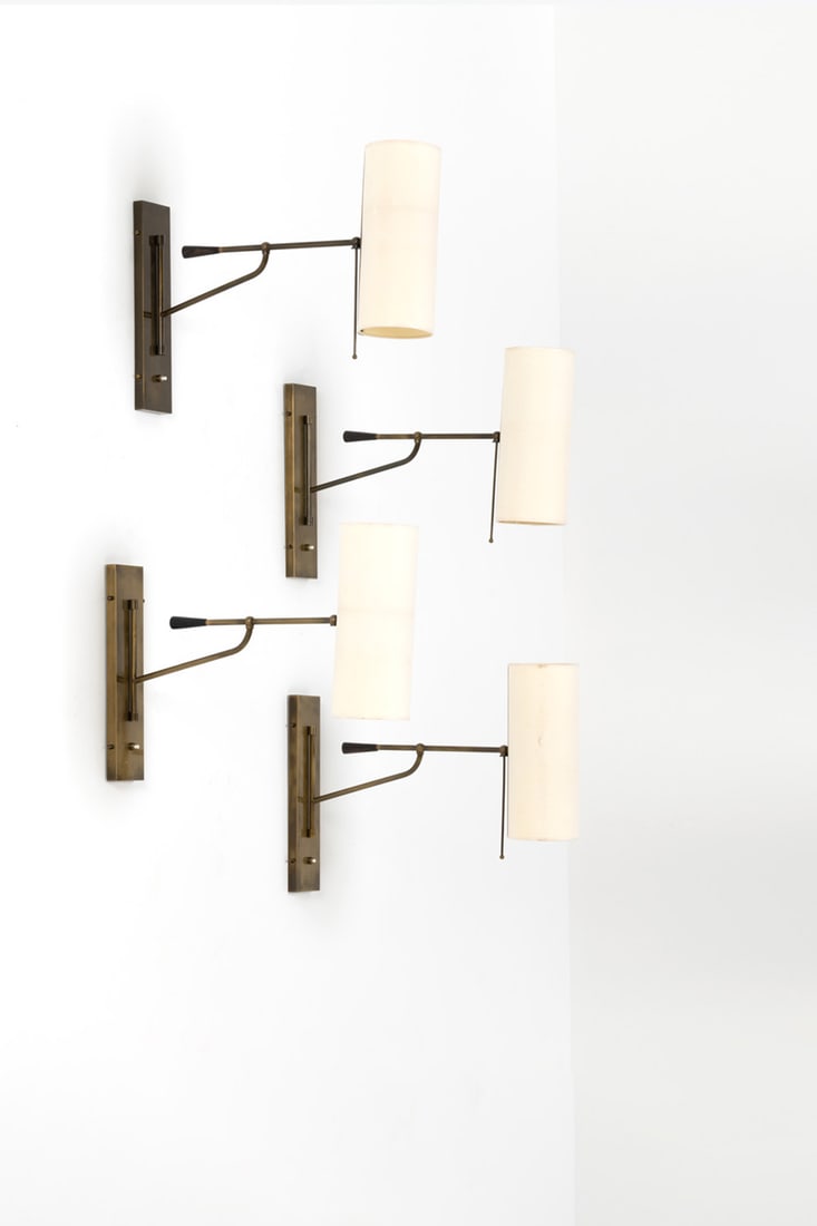 Contemporary production (20th c.) Set of four sconces: Contemporary production (20th c.)Set of four sconcesBrass and fabricModel created circa 2010H 30 × L 12 × W 52 cm