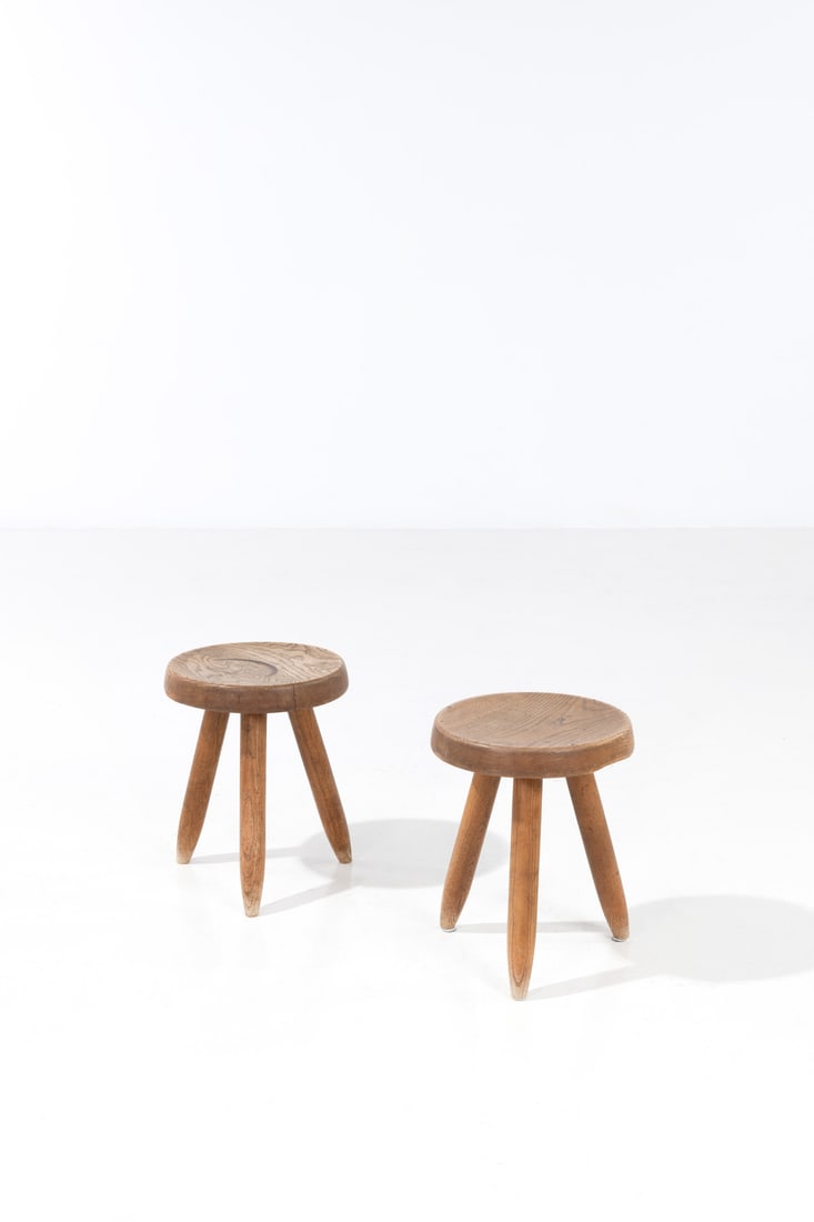 Charlotte Perriand (1903-1999) Pair of high stools - 'Berger' model: Charlotte Perriand (1903-1999)Pair of high stools - 'Berger' model Ash woodModel created in 1953H 40 × Ø 32 cmBibliography:- J. Barsac, 'Charlotte Perriand, L'Œuvre complète, Vol.