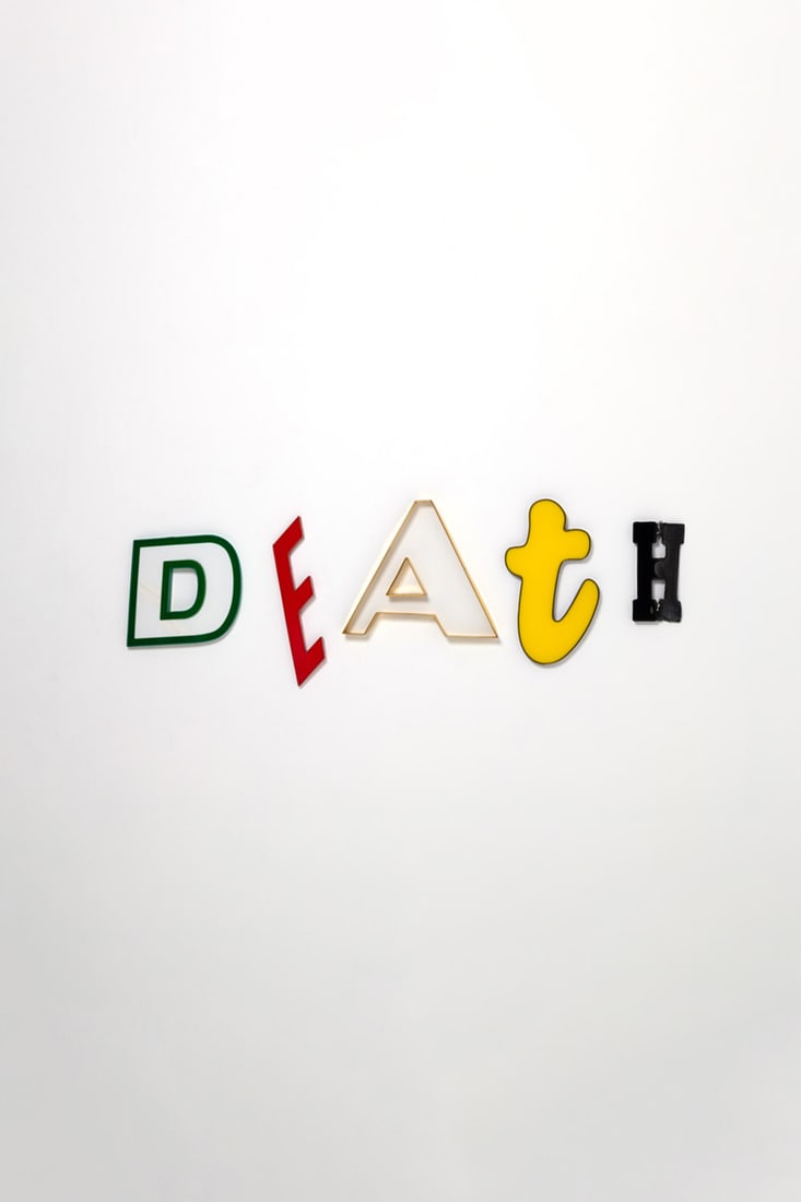 x Jack Pierson (born 1960) Death, 2000: x Jack Pierson (born 1960)Death, 2000Found colored plastic and painted metal, in five parts Signed, dated, located and annotated '1' on the back of the first letter (D)Variables dimensions39 × 42