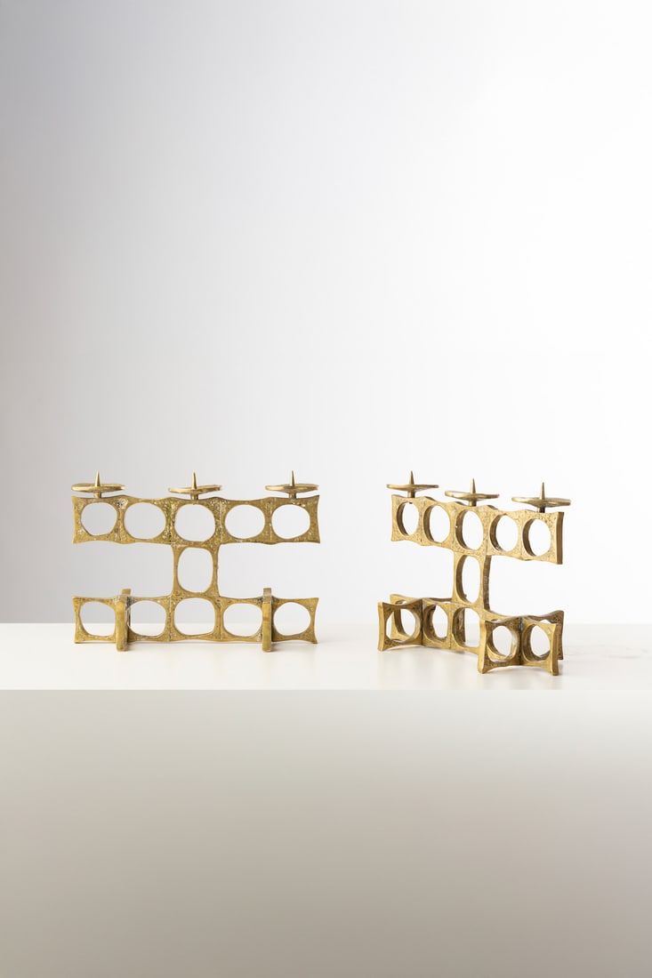 Heinz Goll (1934–1999) Pair of candlesticks Hammered bronze Model created circa 1960 H 19: Heinz Goll (1934–1999)Pair of candlesticksHammered bronzeModel created circa 1960H 19 × W 26 × D 10.5 cm