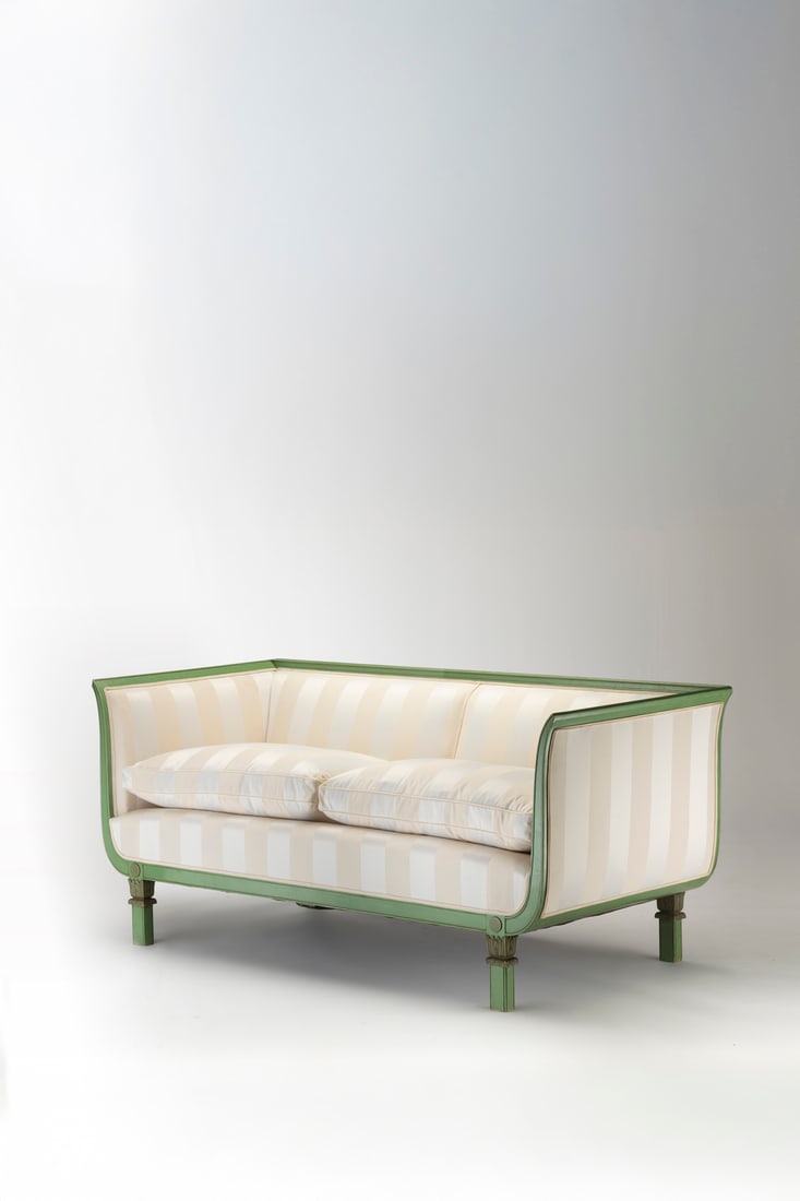Swedish piece (20th century) Sofa Lacquered wood, wool, and silk Model created circa 1920 H 80 x W: Swedish piece (20th century)SofaLacquered wood, wool, and silkModel created circa 1920H 80 x W 200 x D 77 cm