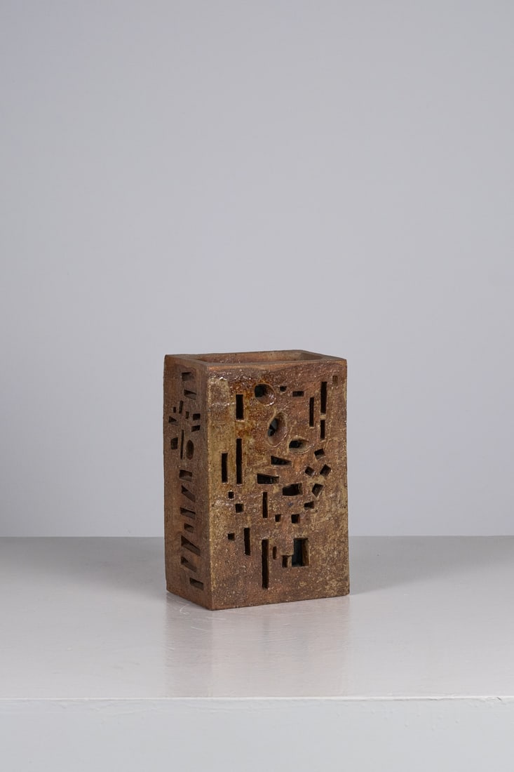 Annie Maume (born in 1945) Table lamp Glazed stoneware and coloured glass Incised signature 'Annie: Annie Maume (born in 1945)Table lampGlazed stoneware and coloured glassIncised signature 'Annie Maume' on the baseModel created circa 1970H 31 × W 20 × D 14 cm