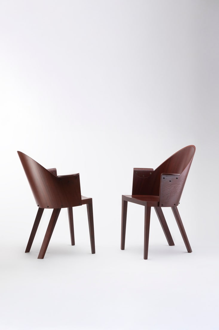 Philippe Starck (born in 1949) Pair of side chairs - 'Royalton' Model Metal and plywood Manufactured: Philippe Starck (born in 1949)Pair of side chairs - 'Royalton' ModelMetal and plywoodManufactured by DriadeModel created in 1988H 85 × W 45 × D 42 cm