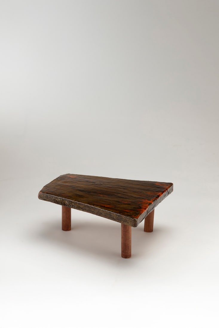 Juliette Derel (1918–2007) Tea table Glazed ceramic and wood Signed 'Juliette Derel' on the: Juliette Derel (1918–2007)Tea tableGlazed ceramic and woodSigned 'Juliette Derel' on the reverseModel created circa 1960H 18 × W 42.5 × D 42.5 cm