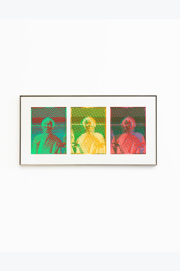 Alain Jacquet (1939–2008) Trois Portraits d'Hommes Fluorescents, 1964 Silkscreen on paper: Alain Jacquet (1939–2008)Trois Portraits d'Hommes Fluorescents, 1964Silkscreen on paperSigned, titled and dated on the reverseEach portrait: 22.5 × 17.5 cm