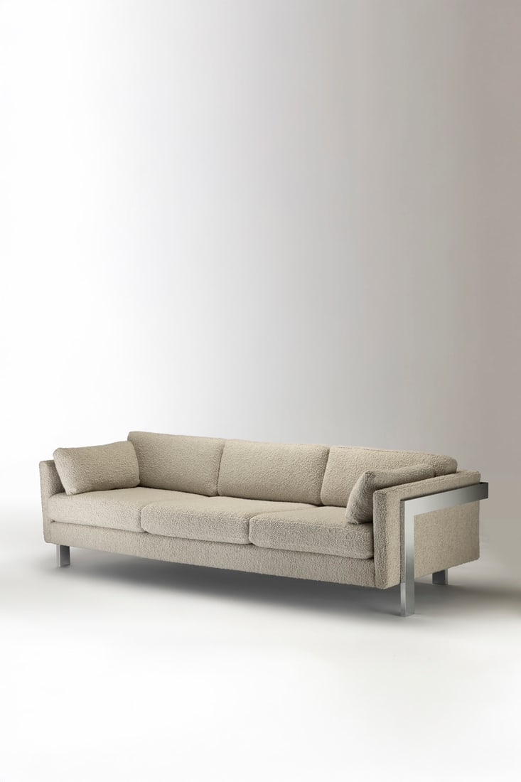 Milo Baughman (1923–2003) Sofa Chrome-plated metal and fabric Manufactured by Thayer Coggin: Milo Baughman (1923–2003)SofaChrome-plated metal and fabricManufactured by Thayer CogginModel created circa 1970H 70 × W 225.5 × D 88 cm