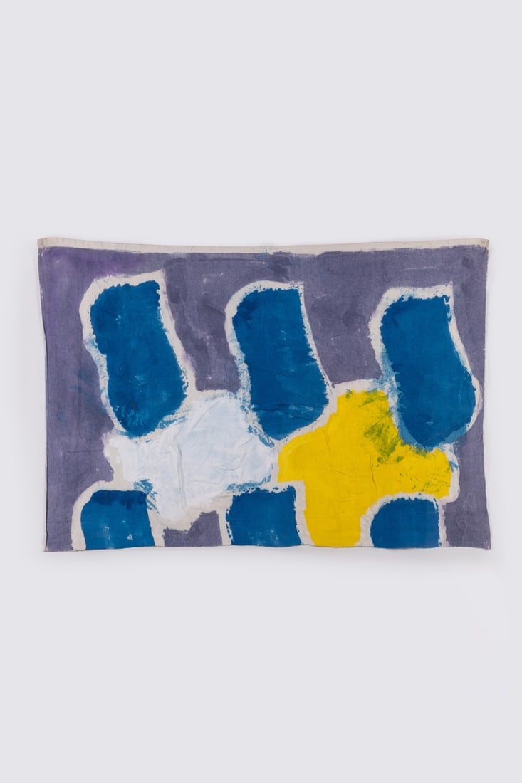 Claude Viallat (born in 1936) Untitled, n°150, 1999 Acrylic on loose canvas in a Plexiglas box: Claude Viallat (born in 1936)Untitled, n°150, 1999Acrylic on loose canvas in a Plexiglas box frameDated, numbered on a stapled label and annotated with embroidered initials "V.F" on the reverse76