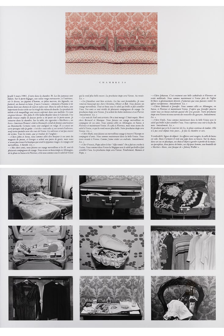 Sophie Calle (born in 1953) L'hôtel Chambre 30, (Diptych), 1983 Set of ten photographs mounted: Sophie Calle (born in 1953)L'hôtel Chambre 30, (Diptych), 1983Set of ten photographs mounted on photo paper and accompanied by textTitled in the center of the left-hand workEdition of 398 x 137 c