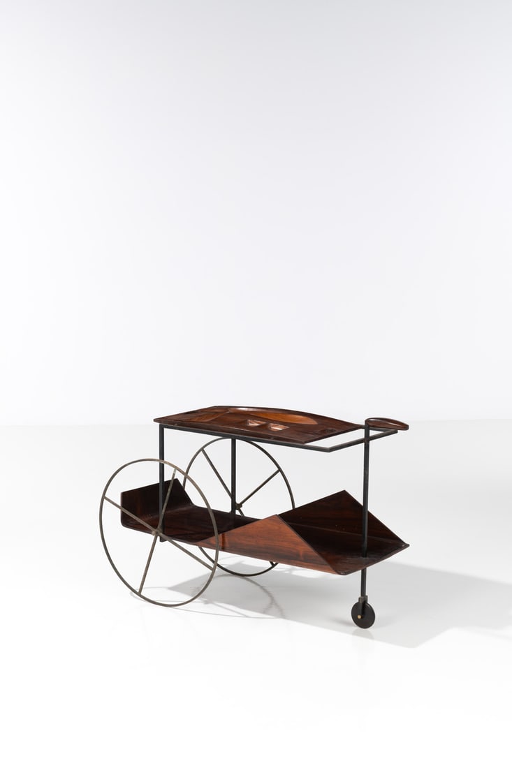 Jorge Zalszupin (1922-2020) Rolling bar cabinet - 'Carrinho de cha' Model: Jorge Zalszupin (1922-2020)Rolling bar cabinet - 'Carrinho de cha' ModelLacquered metal, brass, veneered plywood and imbuia veneerEdited by l'Atelier MóvéisModel created in 1959H 71 × L