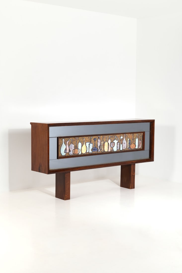 Giuseppe Scapinelli (1891-1982) Double sided cabinet - Unique piece: Giuseppe Scapinelli (1891-1982)Double sided cabinet - Unique pieceImbuia, Stained glass, mirror and glazed ceramicModel created in the 1950sH 105 × L 200 × W 42 cm