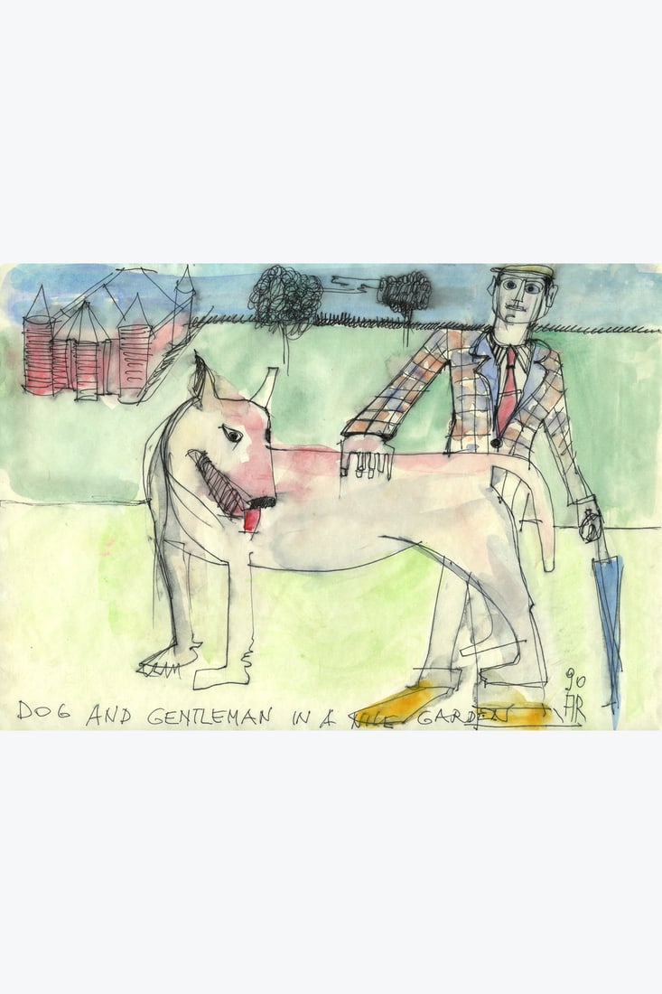 Aldo Rossi (1931-1997) Dog and Gentleman in a nice garden, 1990: Aldo Rossi (1931-1997) Dog and Gentleman in a nice garden, 1990 Watercolor and ink on paper Signed, titled and dated on the bottom 21 × 30 cm