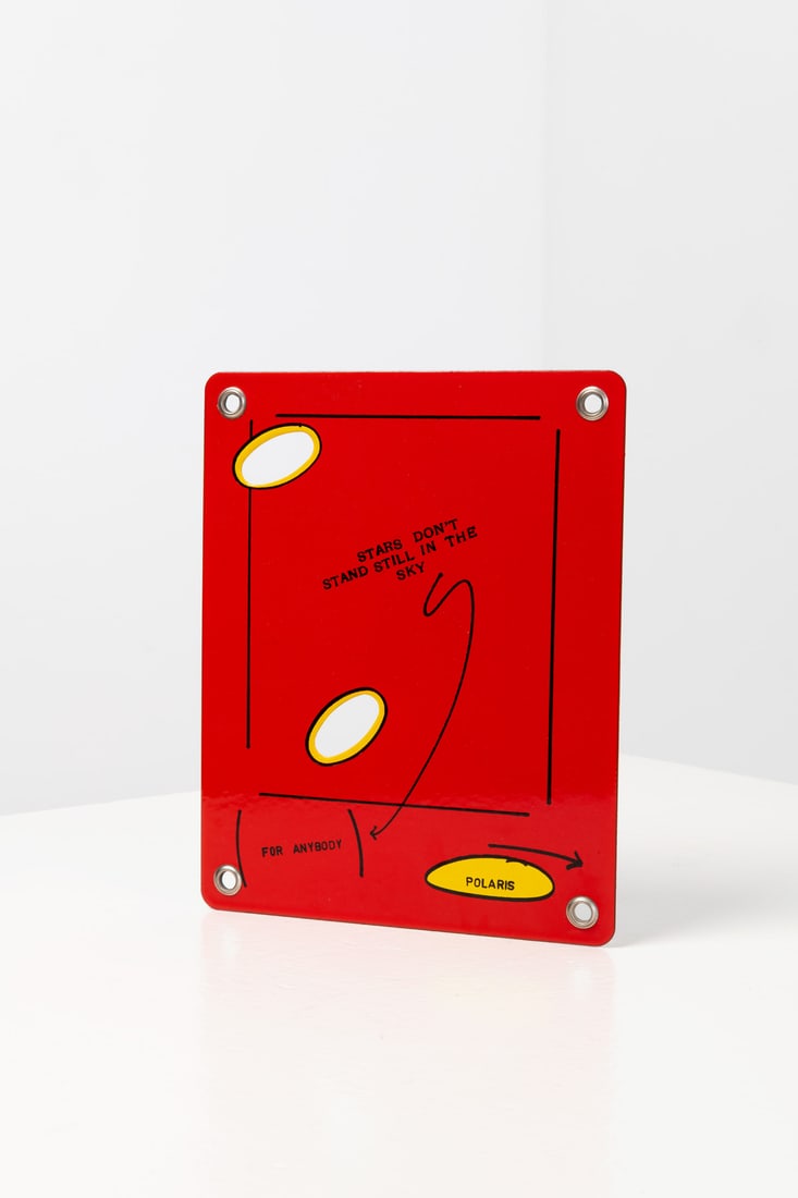 x Lawrence Weiner (1942-2021) Stars don't stand still in the sky for anybody, 1990: x Lawrence Weiner (1942-2021) Stars don't stand still in the sky for anybody, 1990 Enamel on metal sheet Numbered "46/60" Edition of 60 + 4 A.P. 27,5 x 22 cm Provenance: European private collection