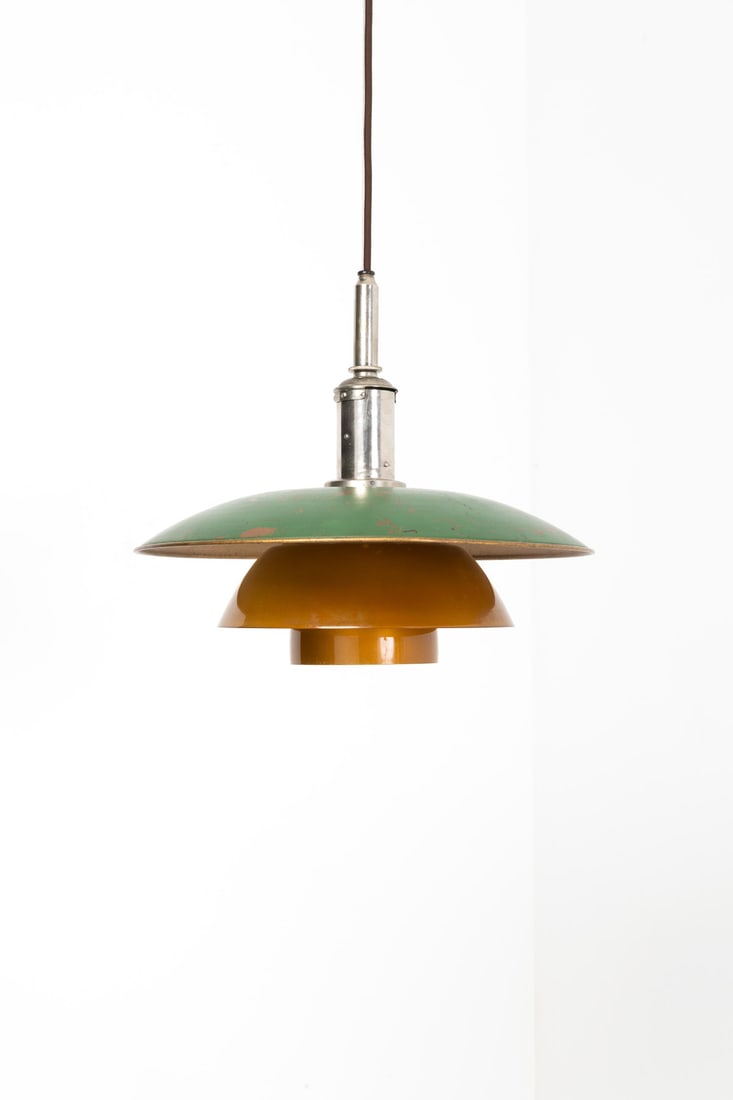 Poul Henningsen (1894-1967) Suspension, model PH 4/4: Poul Henningsen (1894-1967) Suspension, model PH 4/4 Lacquered copper, steel and amber-gold glass Edited by Louis Poulsen Model created in 1926 H 38 × Ø 40 cm Bibliography: 'Light Years Ahea