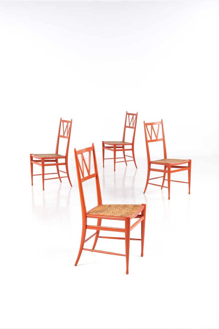 Erik Chambert (1902-1988) Set of four chairs: Erik Chambert (1902-1988) Set of four chairs Lacquered wood and caning Model created circa 1940 H 93 × L 43 × W 45 cm