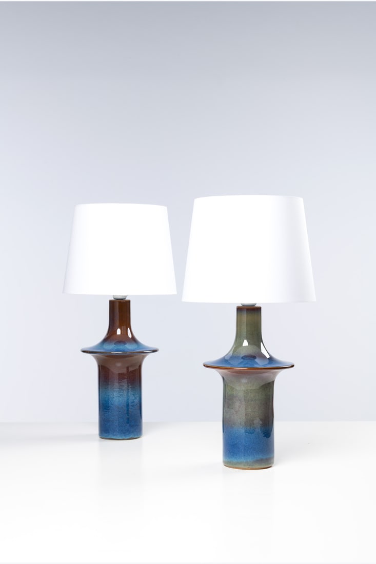 Einar Johansen (1905-1992) Pair of table lamps, model no. 1070: Einar Johansen (1905-1992) Pair of table lamps, model no. 1070 Glazed ceramic and fabric Edited by Søholm Stentøj Incised signatures 'Søholm Stentøj Denmark', monogrammed and numbe