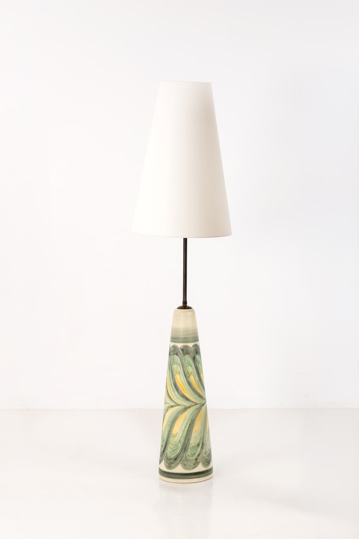Rigmor Nielsen (20th c.) Floor lamp: Rigmor Nielsen (20th c.) Floor lamp Ceramic and fabric Edited by Søholm Stentøj Monogrammed 'RN' with handwritten signature 'Søholm Denmark' on the underside Model created circa 1960 H 