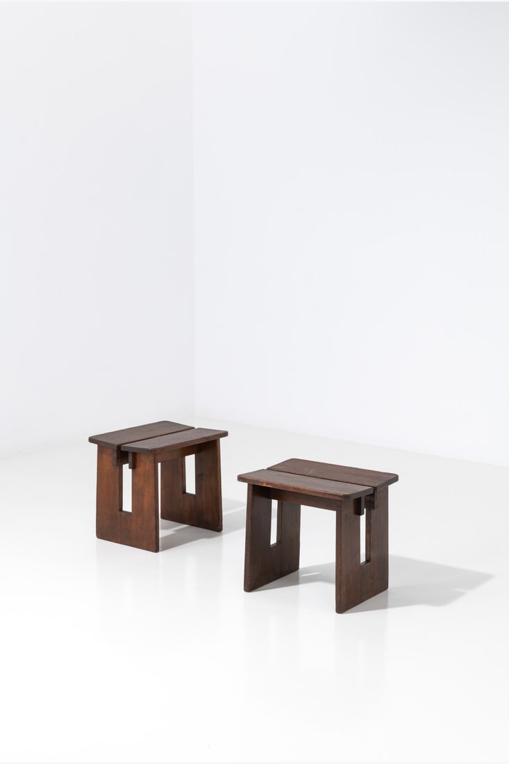 Axel Einar Hjorth (1888-1959) Pair of 'Skoga' stools: Axel Einar Hjorth (1888-1959) Pair of 'Skoga' stools Pine wood Edited by Nordiska Kompaniet Model created circa 1933 H 43,5 × L 38 × W 48 cm Bibliography: Nordiska Kompaniet commercial catal