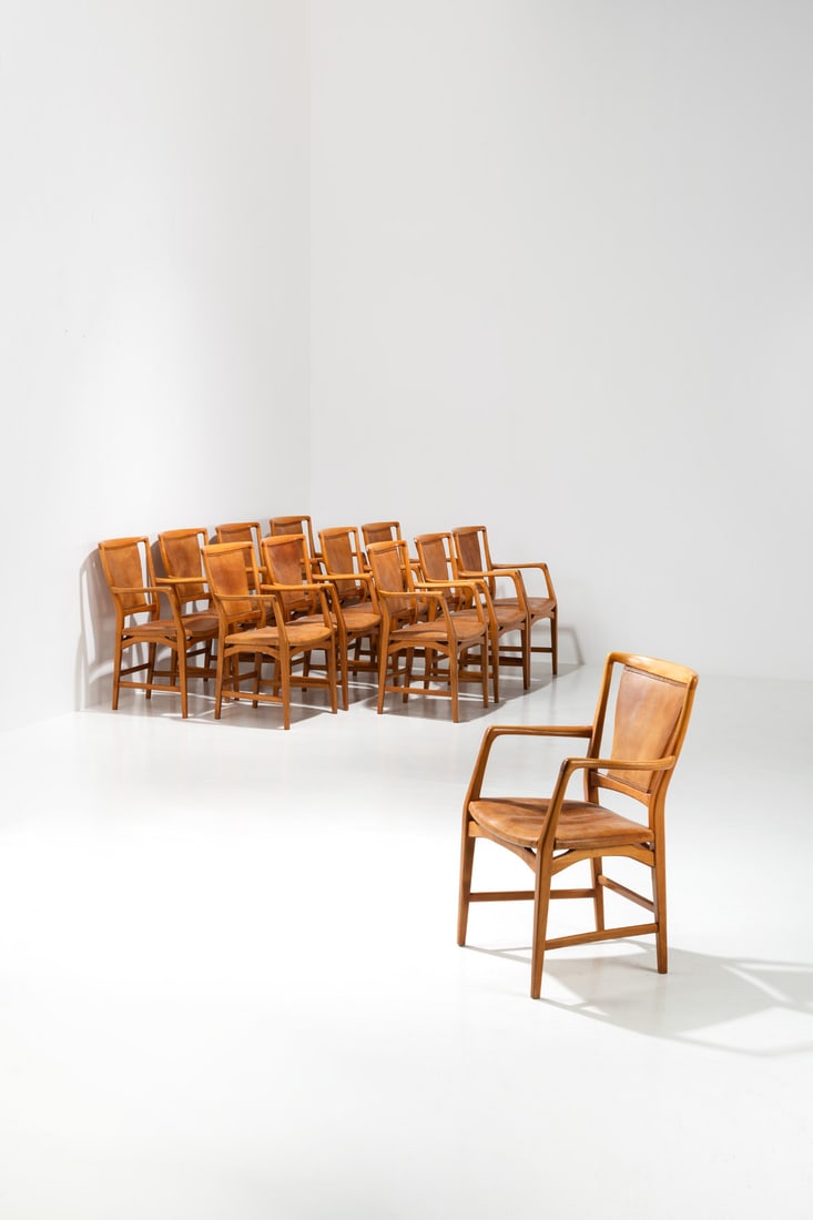 David Rosén (1910-1993) Set of twelve 'Bangkok' chairs: David Rosén (1910-1993) Set of twelve 'Bangkok' chairs Beech and leather Edited by Gösta Westerbergs Möbler Model created circa 1960 H 89 × L 57 × W 58 cm
