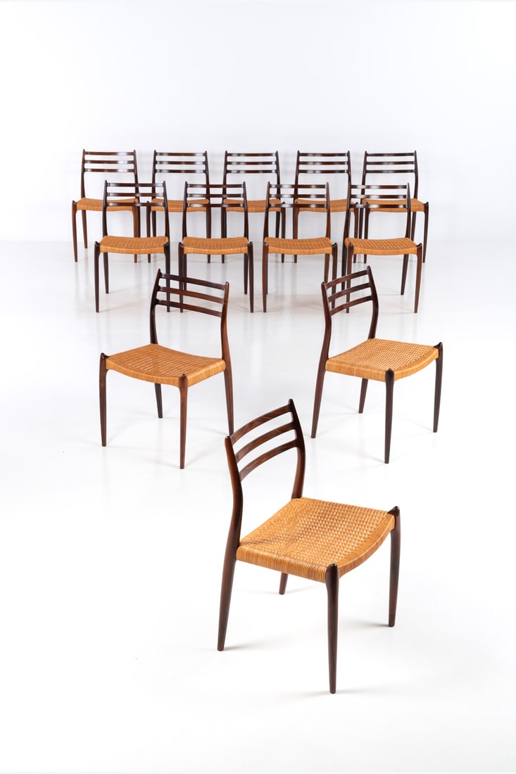 xx Niels O. Møller (1920-1982) Set of twelve chairs, model no. 78: xx Niels O. Møller (1920-1982) Set of twelve chairs, model no. 78 Teak and rattan Edited by J.L. Møllers Møbelfabrik Model created circa 1960 H 81 × L 49 × W 44 cm