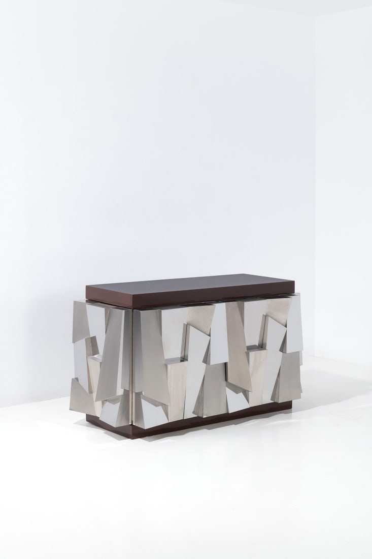 xx Paul Evans (1931-1987) Sideboard - model PE-354: xx Paul Evans (1931-1987) Sideboard - model PE-354 'Faceted 300' Chromed steel, plywood and lacquered MDF Edited by Paul Evans Studio for Directional Furniture Company Manufacturer’s plaque Mode