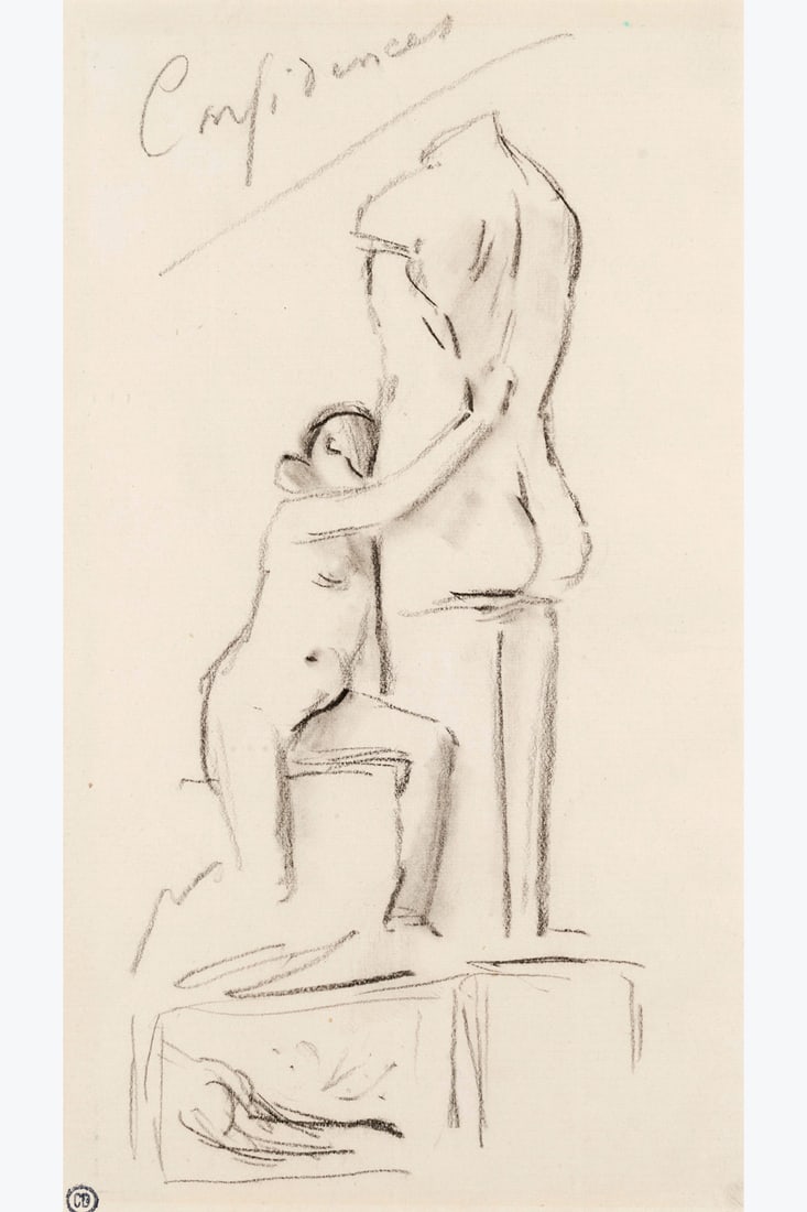 xx Félicien Rops (1833-1898) Confidences Charcoal on paper Titled upper center 17 x 10 cm: xx Félicien Rops (1833-1898) Confidences Charcoal on paper Titled upper center 17 x 10 cm
