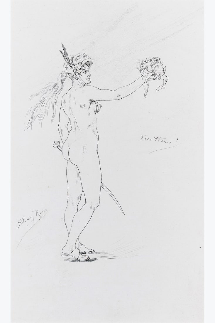 xx Félicien Rops (1833-1898) La Justicière (Ecce homo !) Indian ink on paper Signed lower: xx Félicien Rops (1833-1898) La Justicière (Ecce homo !) Indian ink on paper Signed lower left Annotated center right 20.5 x 12 cm