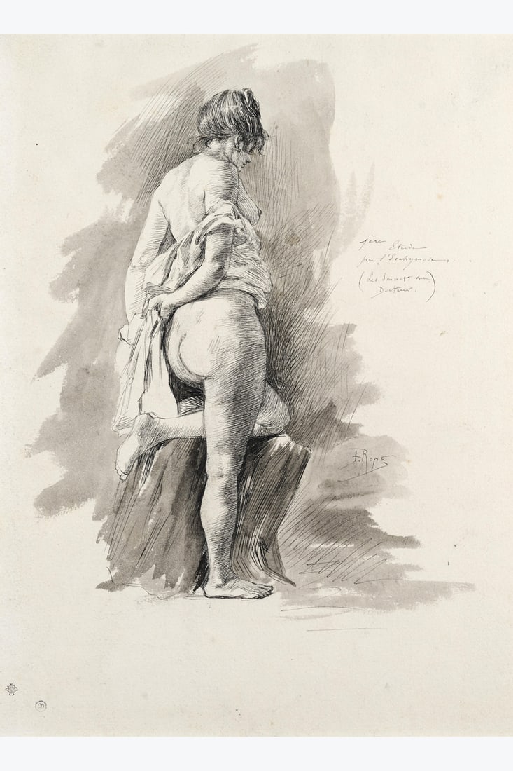 xx Félicien Rops (1833-1898) 1ère étude pour l'Ecchymose (Les sonnets du docteur): xx Félicien Rops (1833-1898) 1ère étude pour l'Ecchymose (Les sonnets du docteur) Indian ink and wash on paper Signed lower right Titled upper right 27 x 20 cm