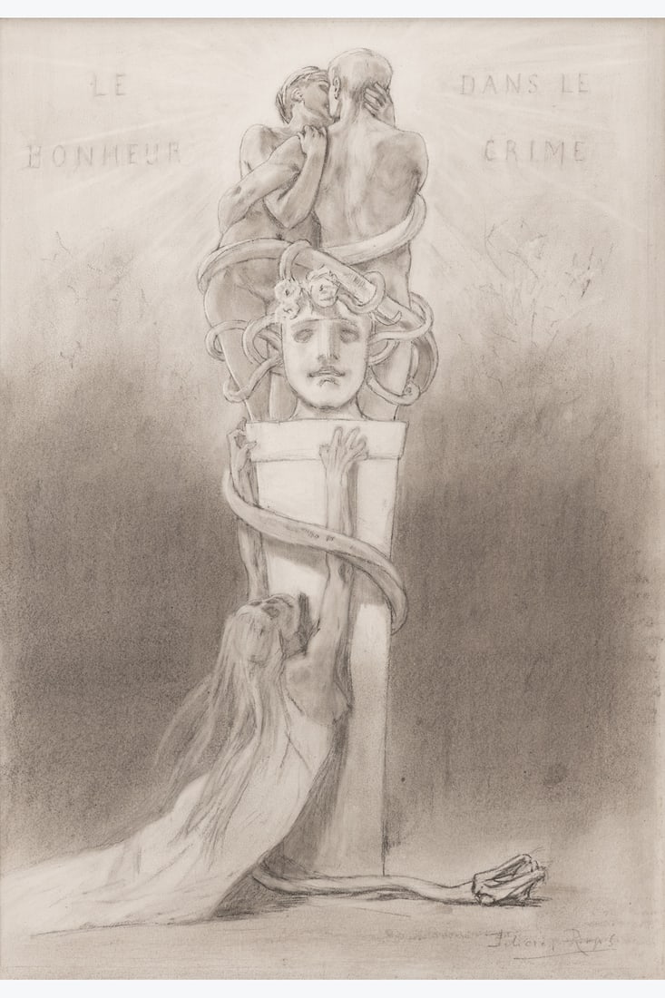xx Félicien Rops (1833-1898) Le bonheur dans le crime, 1883-1884 Charcoal, white pencil, pencil: xx Félicien Rops (1833-1898) Le bonheur dans le crime, 1883-1884 Charcoal, white pencil, pencil and stump on paper Signed lower right Titled upper center 24,5 x 17 cm Provenance : - Galerie Patri