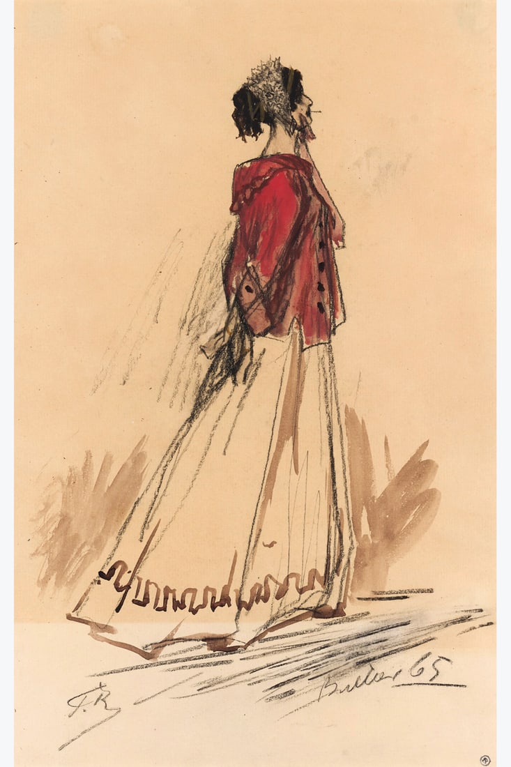 xx Félicien Rops (1833-1898) Femme à la veste rouge, 1865 Gouache, watercolor, brown ink: xx Félicien Rops (1833-1898) Femme à la veste rouge, 1865 Gouache, watercolor, brown ink and black pencil on paper Signed lower left Dated and annotated lower right 33 x 21 cm