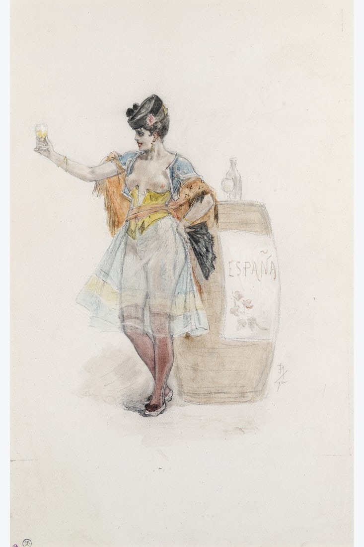 xx Félicien Rops (1833-1898) Vin d'Espagne, 1872 Watercolor, colored pencils and pencil on: xx Félicien Rops (1833-1898) Vin d'Espagne, 1872 Watercolor, colored pencils and pencil on paper Signed and dated lower right 26 x 17 cm
